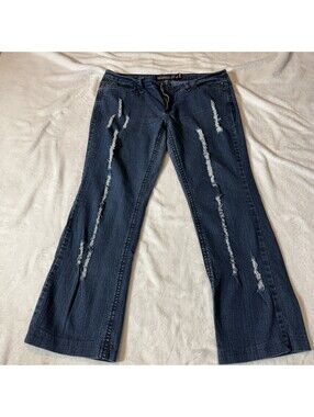 Richcow Jeans Vtg Y2K Flared Distressed Blue Denim Jeans Womens Size 13 (2137)